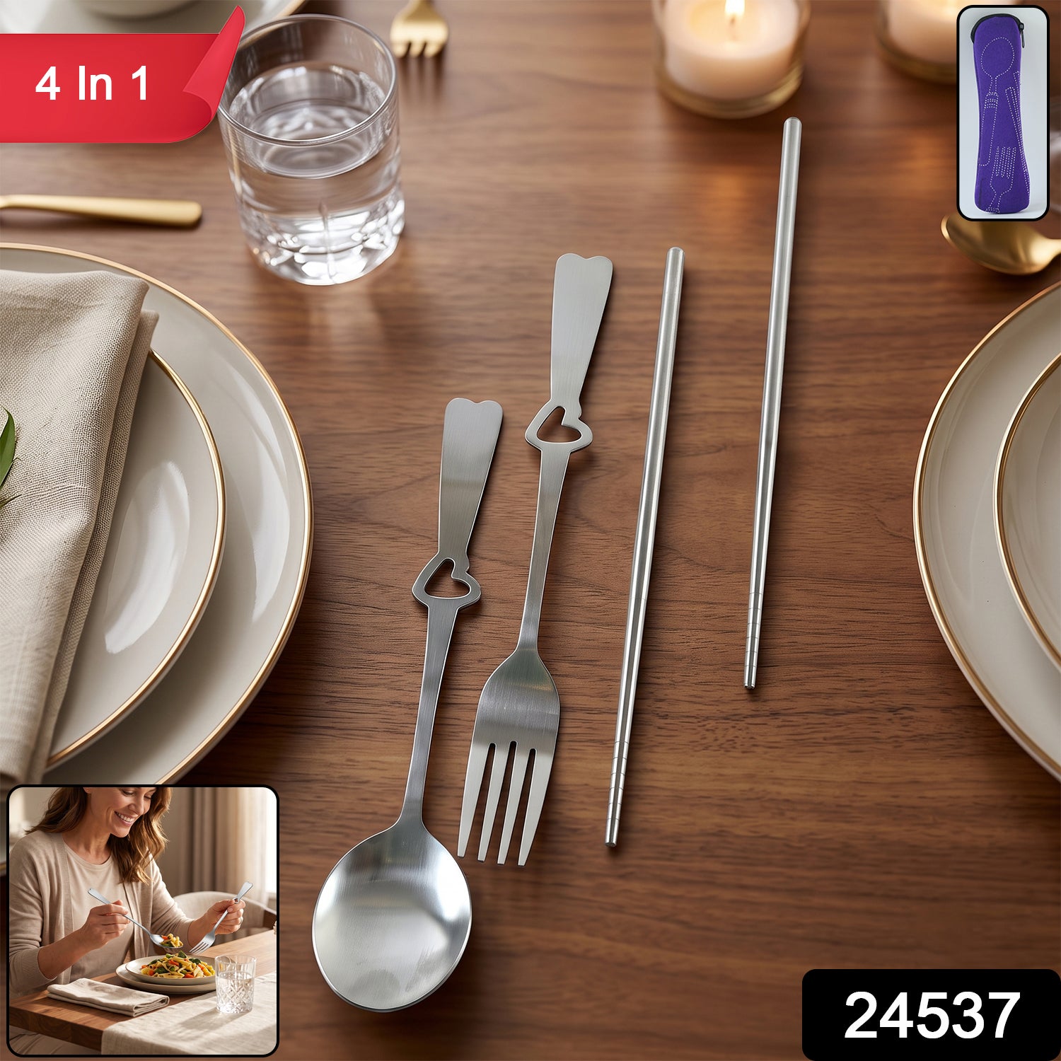 Portable Stainless Steel Cutlery Set With Spoon Fork Chopsticks Pouch (4 Pc Set)