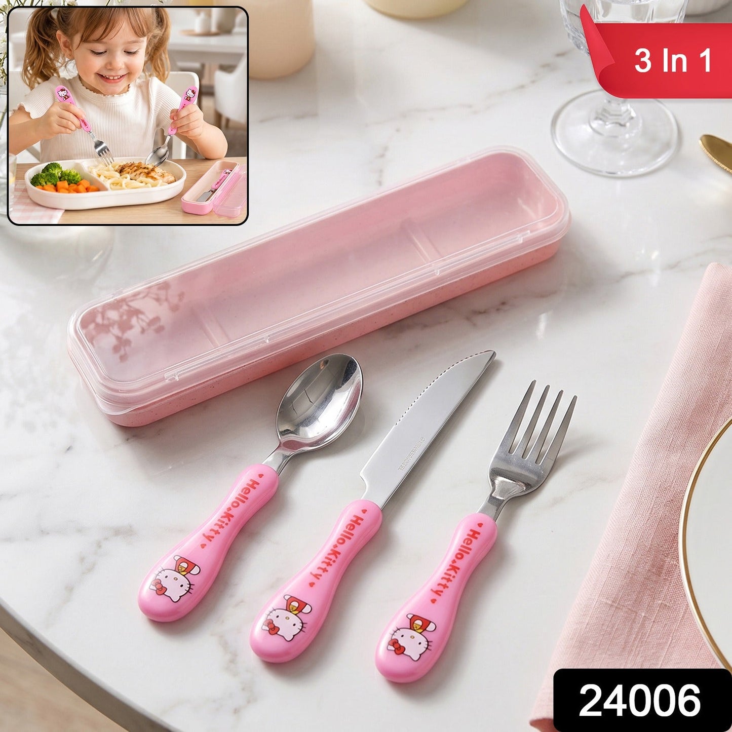 3 In 1 Kids Cutlery Set With Case Spoon Fork Knife For Children (1 Set)