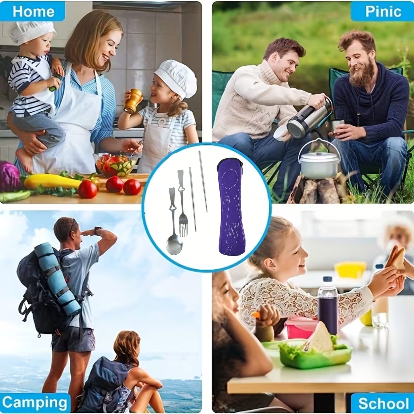 Portable Stainless Steel Cutlery Set With Spoon Fork Chopsticks Pouch (4 Pc Set)