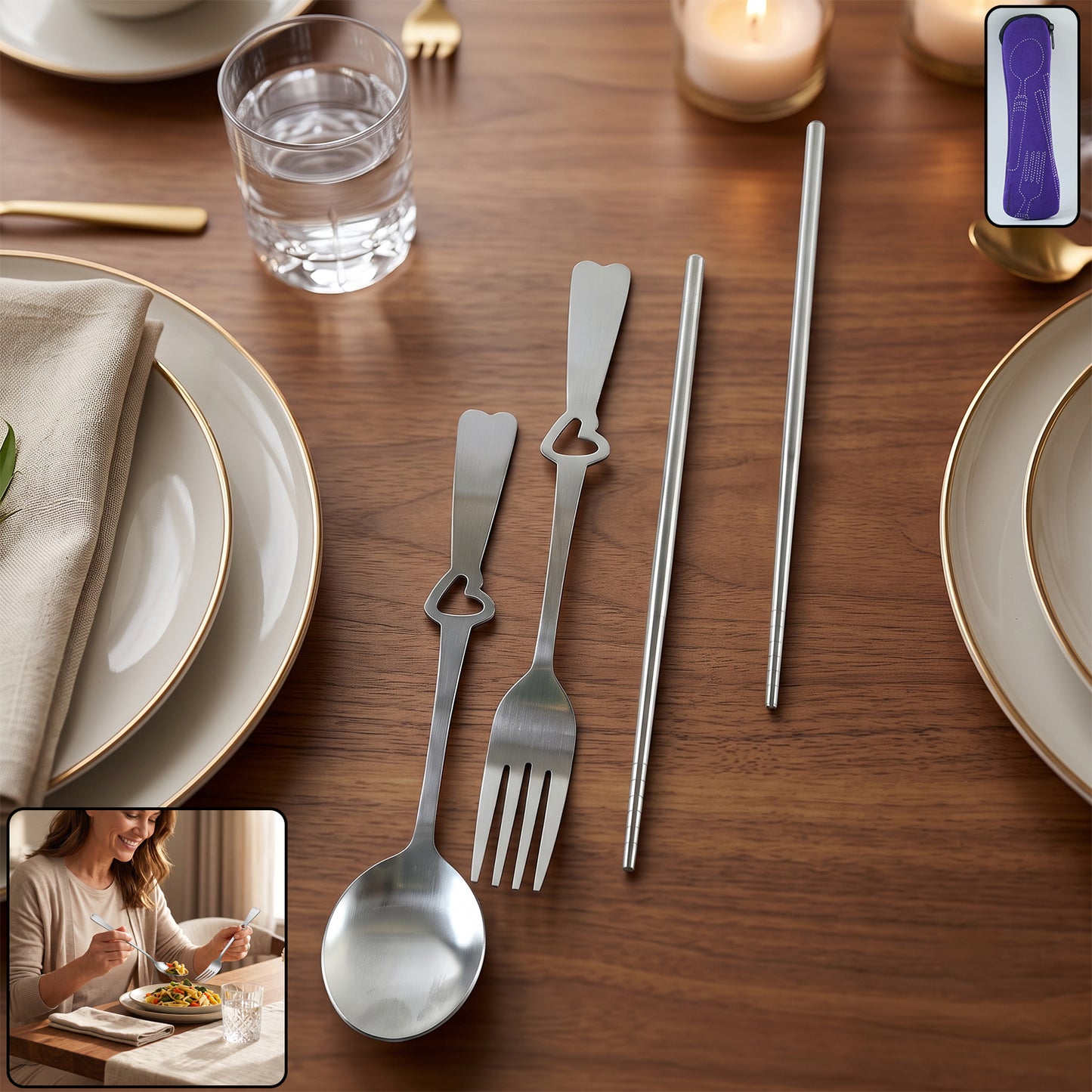 Portable Stainless Steel Cutlery Set With Spoon Fork Chopsticks Pouch (4 Pc Set)