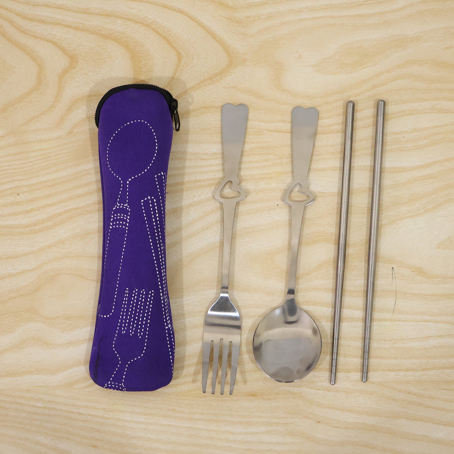 Portable Stainless Steel Cutlery Set With Spoon Fork Chopsticks Pouch (4 Pc Set)