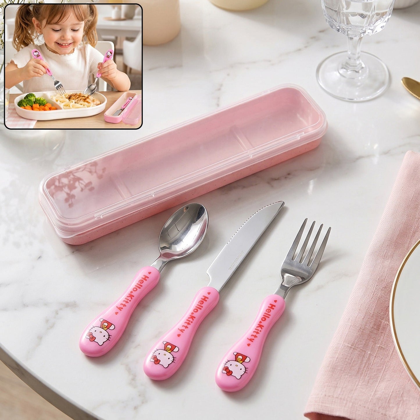 3 In 1 Kids Cutlery Set With Case Spoon Fork Knife For Children (1 Set)