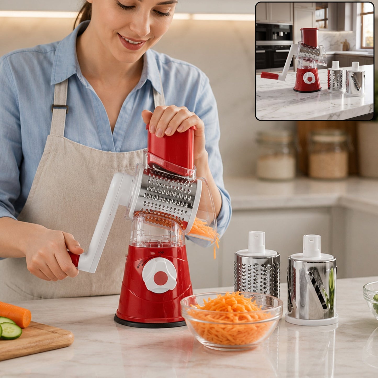 Manual Rotary Drum Grater And Slicer Stainless Steel 3 Drum Vegetable Cutter (1 Set)